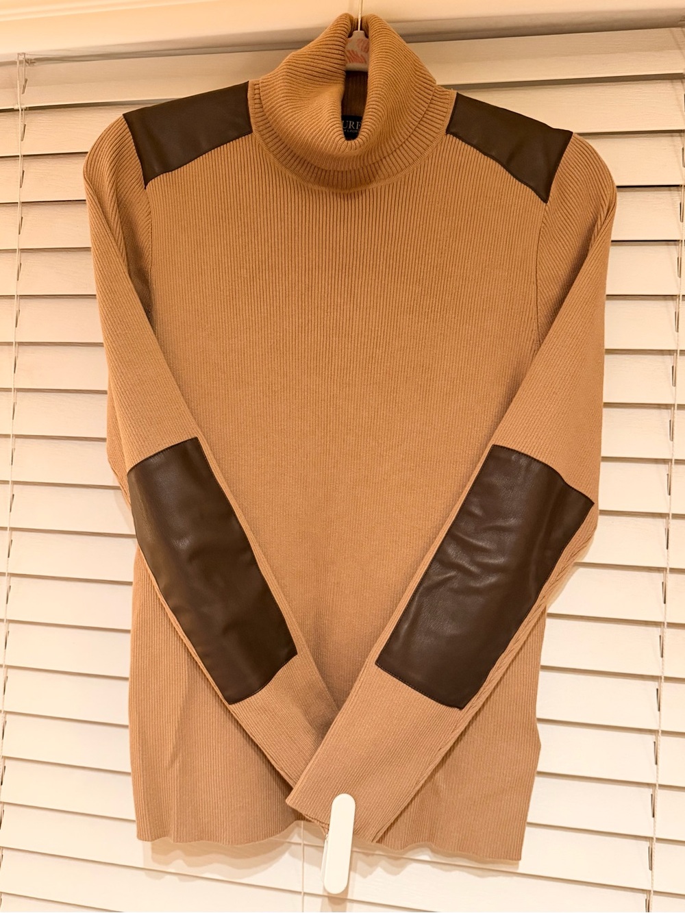 Lauren Ralph Camel Turtleneck Sweater Faux Leather Detail XL